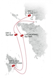 Карта маршрута дайв-сафари на Филиппинах: Анилао, Риф Апо и рэки бухты Корон (Anilao, Apo Reef & Wrecks of Coron)